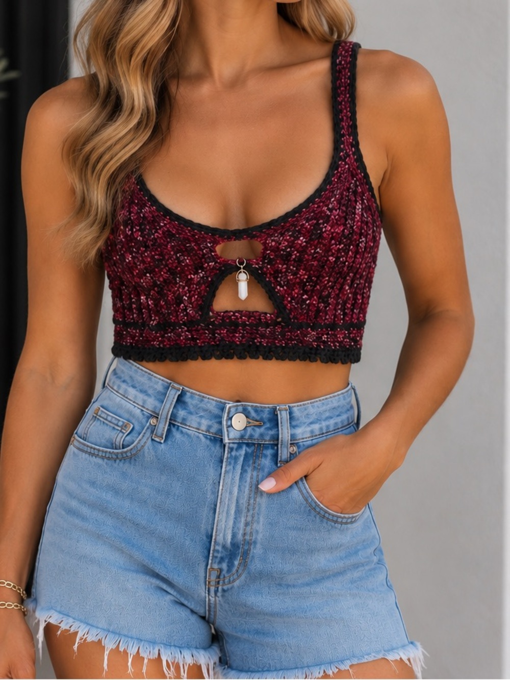 Burgundy Knit Cropped Tank with Keyhole Charm